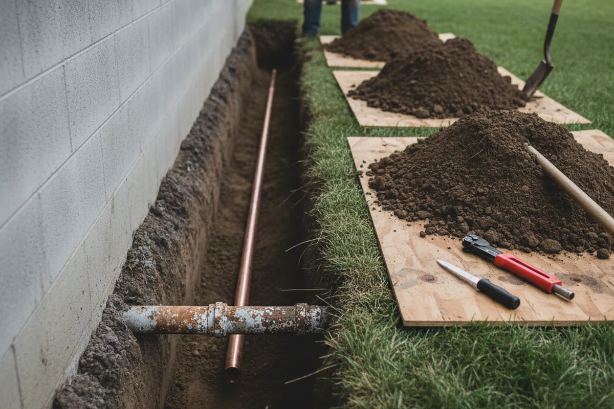 Excavated water line trench during Water Softener Installation in Rockville Centre